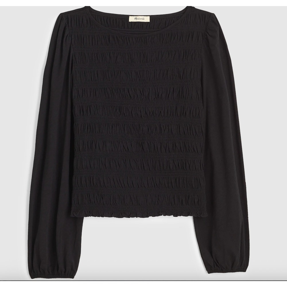 Madewell Women's Smocked Boatneck Top Black Long Sleeve Size L NEW